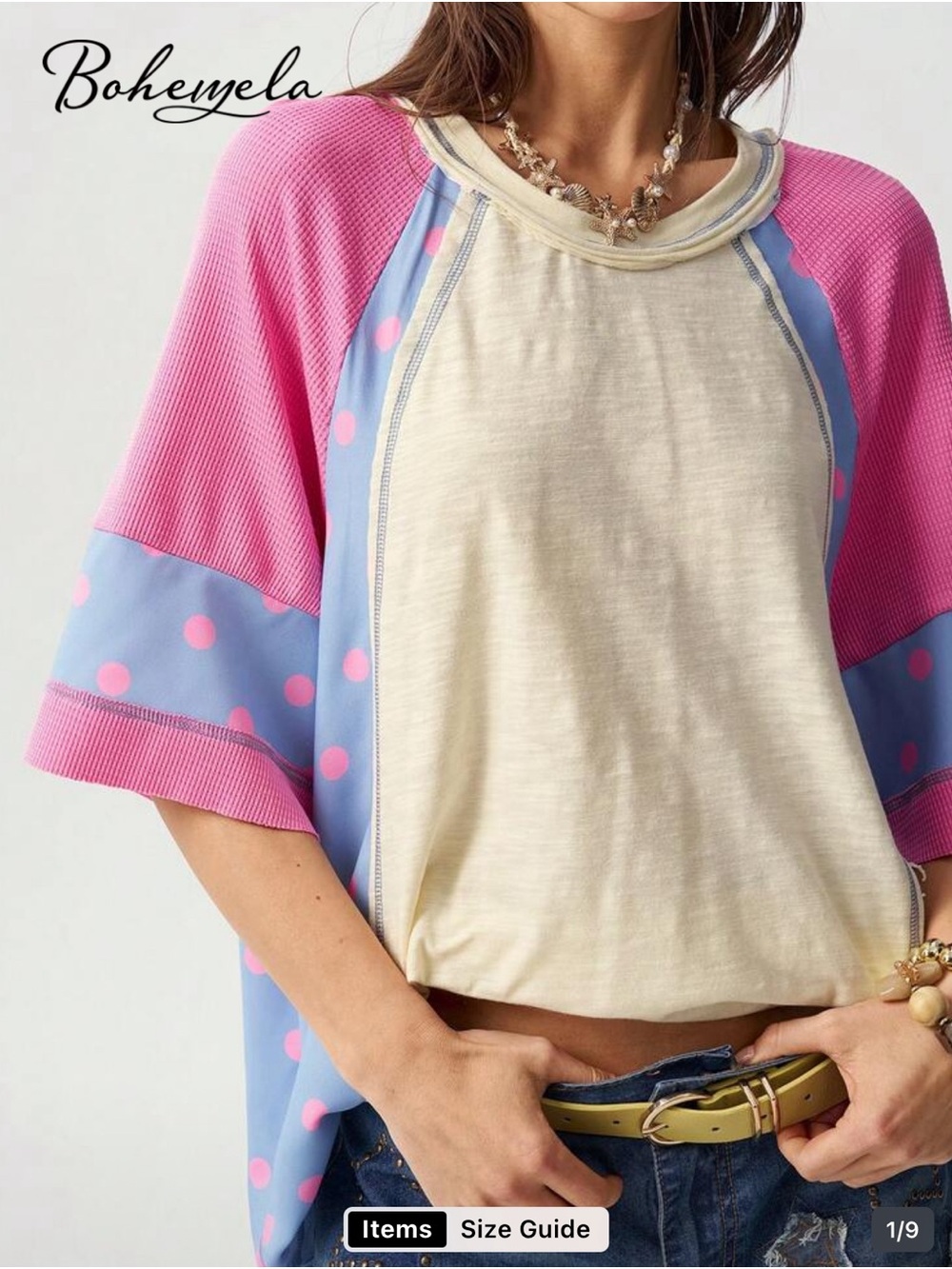 Boheme Pink, Cream & Light Blue Polka Dot Raglan Top